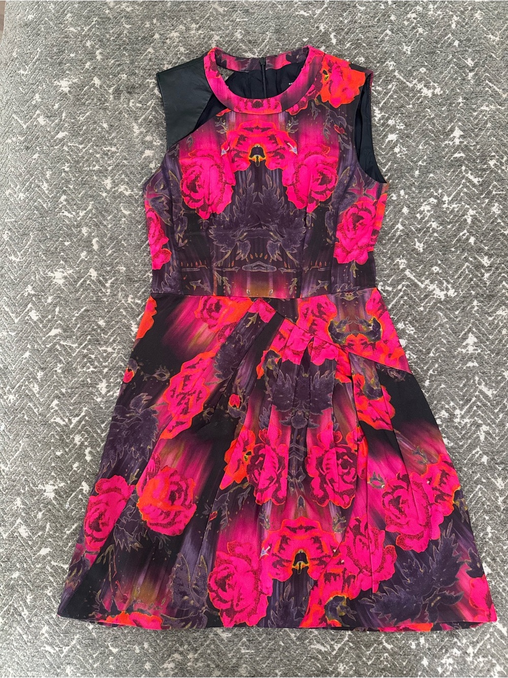 Nanette Lepore Vintage Floral Leather Trim Cutout Mini Dress Size 0 Made in NYC